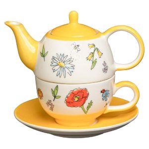 Mila Lovely Flowers Tea for one – Blümchen Teekanne 0,4 L mit Tasse und Untertasse + Geschenkeverpackung